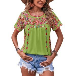 E-Rétro Green Floral Lace-Trim Gathered-Front Tunic Women Size S